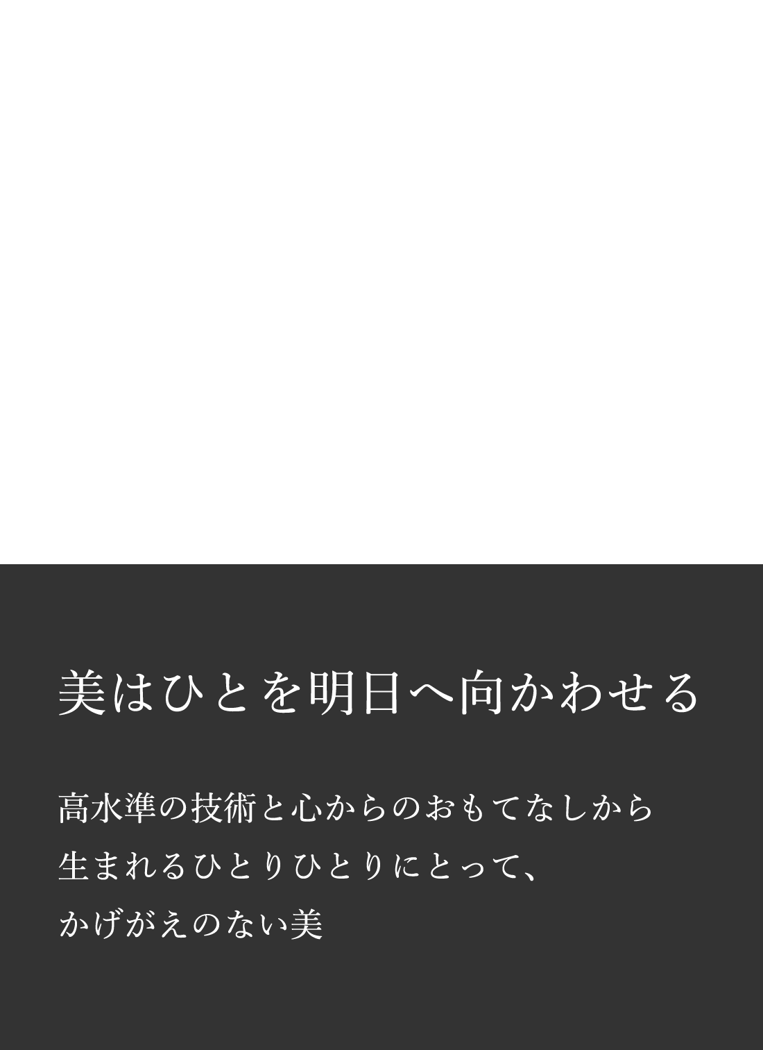 The beauty makes people go to tomorrow 美はひとを明日へ向かわせる　高水準の技術と心からのおもてなしから生まれるひとりひとりにとって、かけがえのない美